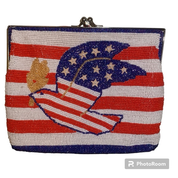RARE America Flag Eagle FULLY Beaded Purse With Strap - Picture 2 of 4